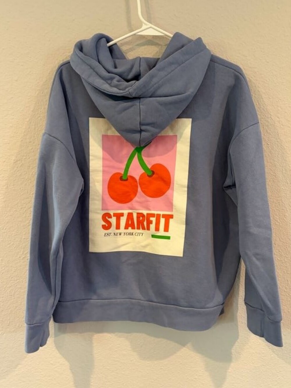 Starfit‎ Womens Periwinkle Cherry Graphic Cotton Pullover Hoodie Sweatshirt Med
